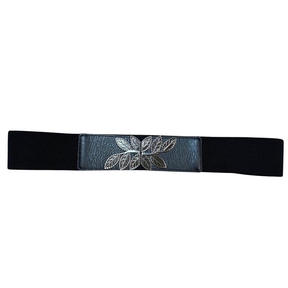 Womens Black Elastic Cinch Belt Silver Leaf Buckle Wide Waist Band 35 Inch - Picture 2 of 6
